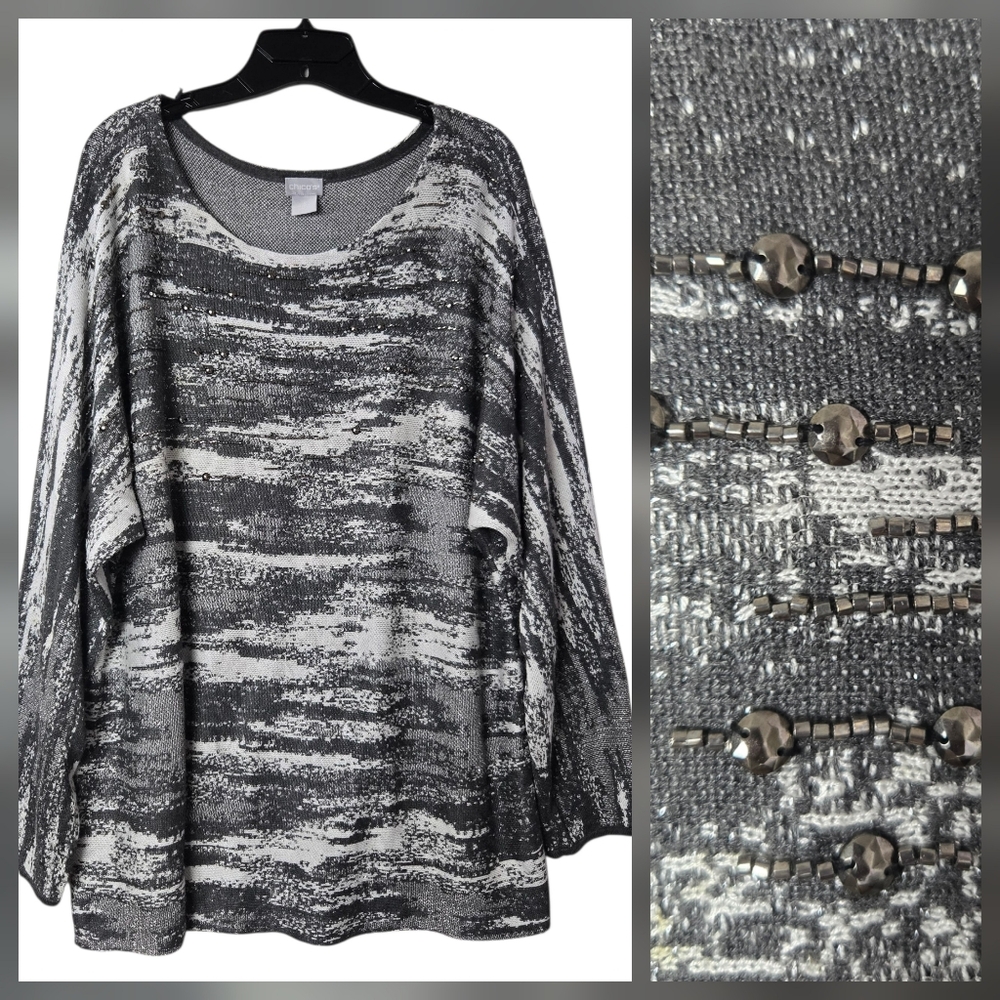 Chico's Scoop Neck Marled Studded Abstract Long Sleeve Knit Sweater Top